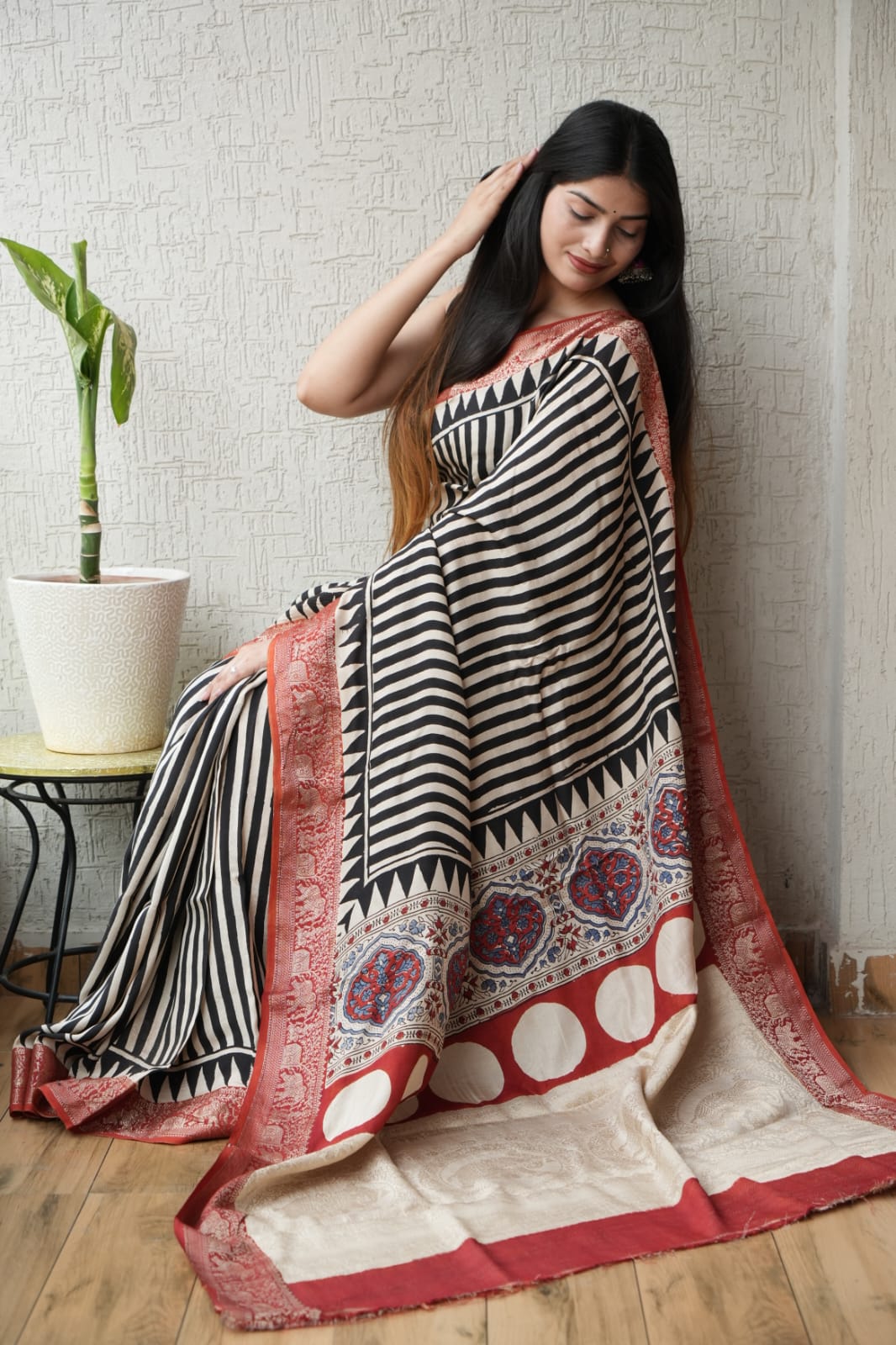AJRAKH PRINTED PURE DOLA SILK SAREE WITH BLOUSE (MS59)