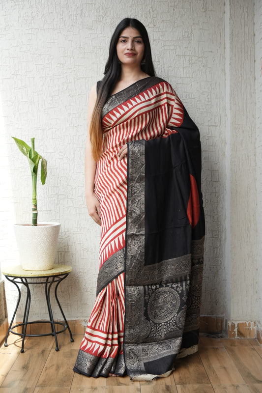 AJRAKH PRINTED PURE DOLA SILK SAREE WITH BLOUSE (MS62)