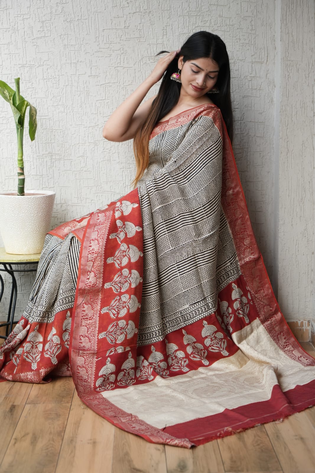 AJRAKH PRINTED PURE DOLA SILK SAREE WITH BLOUSE (MS63)