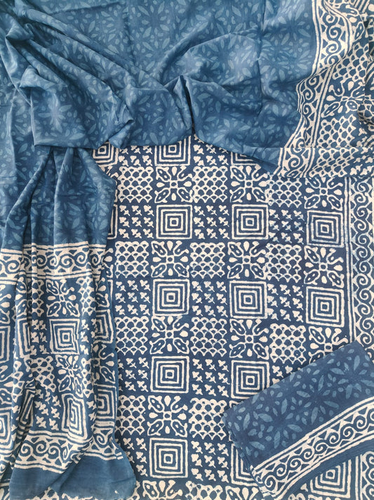 HAND BLOCK PRINTED COTTON 3-PIS SUIT WITH MULMUL DUPPATA (CMS112)