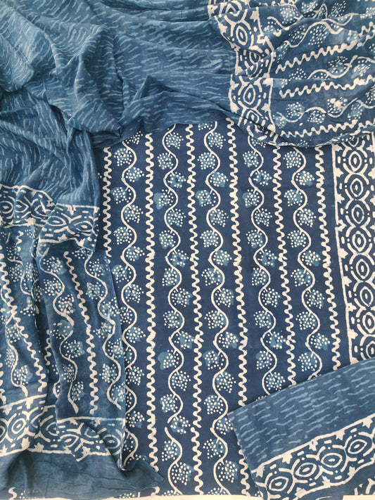 HAND BLOCK PRINTED COTTON 3-PIS SUIT WITH MULMUL DUPPATA (CMS115)