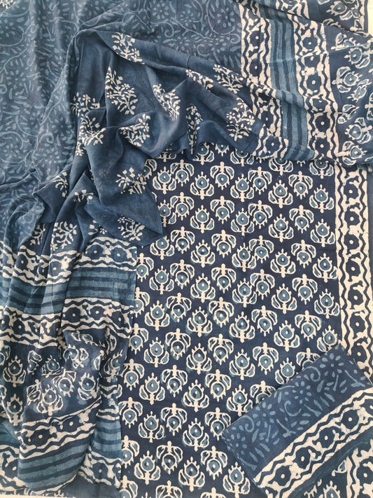 HAND BLOCK PRINTED COTTON 3-PIS SUIT WITH MULMUL DUPPATA (CMS113)