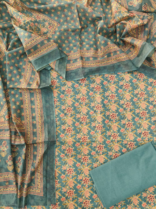 HAND BLOCK PRINTED COTTON 3-PIS SUIT WITH MULMUL DUPPATA (CMS117)