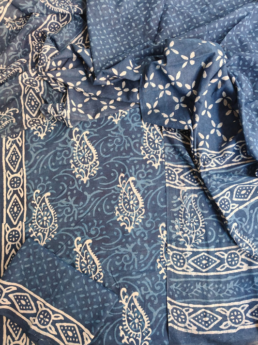 HAND BLOCK PRINTED COTTON 3-PIS SUIT WITH MULMUL DUPPATA (CMS119)