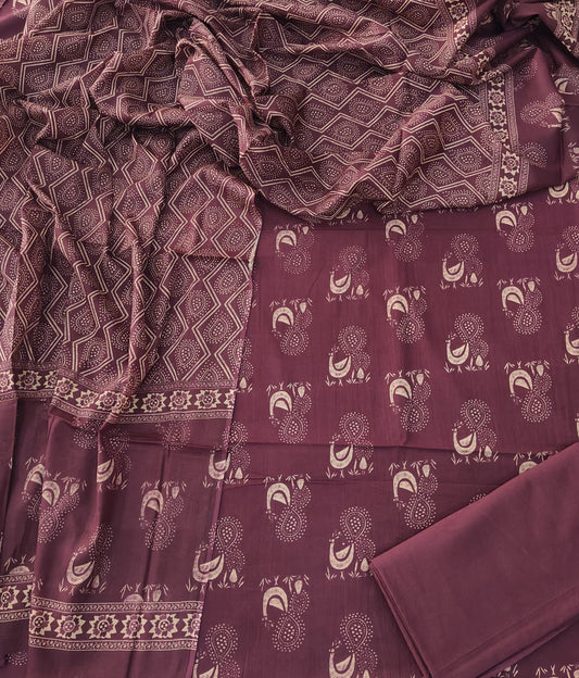 HAND BLOCK PRINTED COTTON 3-PIS SUIT WITH MULMUL DUPPATA (CMS118)