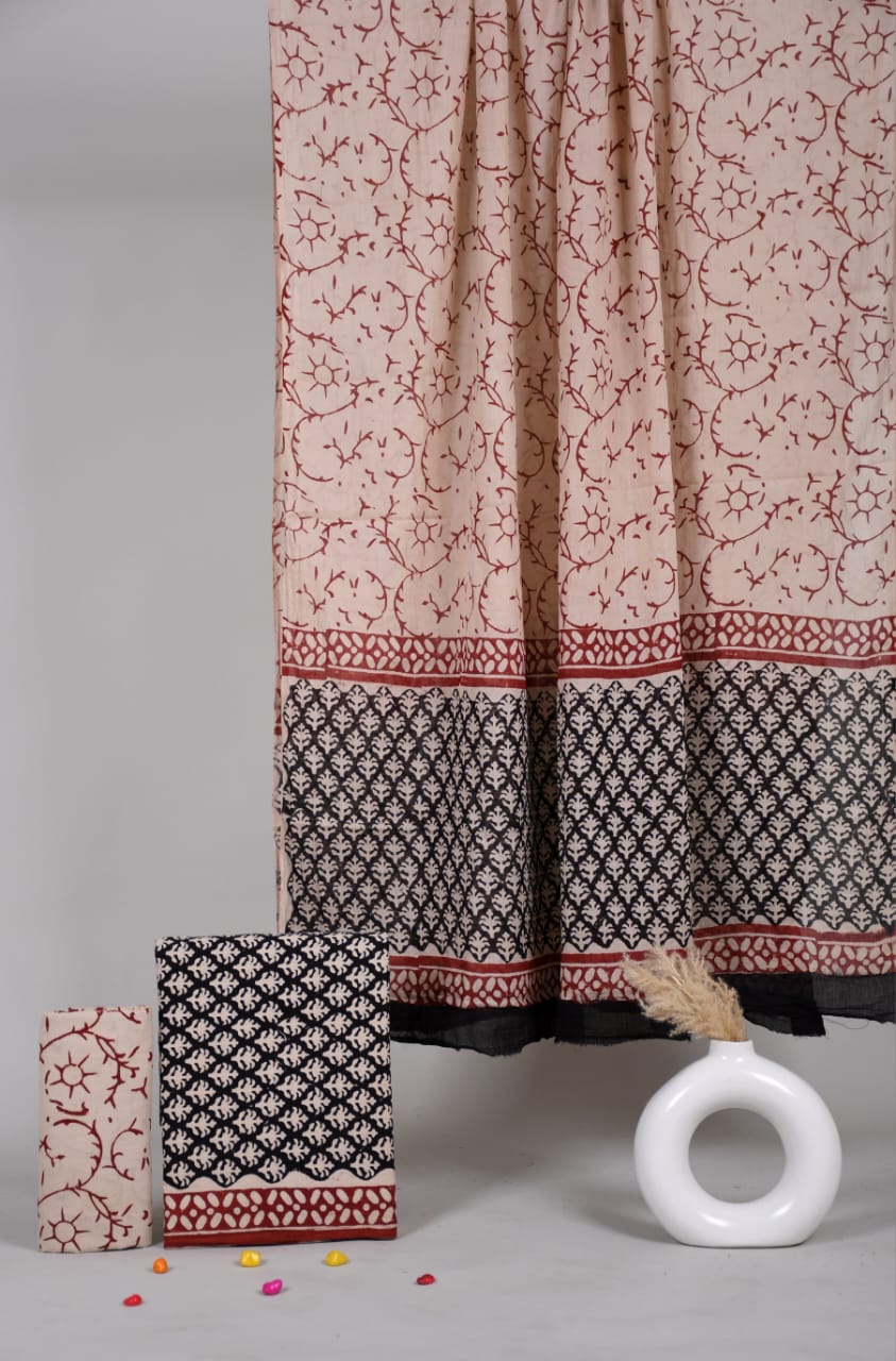 HAND BLOCK PRINTED COTTON 3-PIS SUIT WITH MULMUL DUPPATA (CMS121)