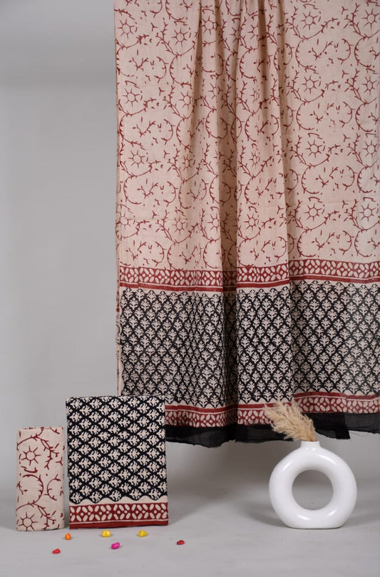 HAND BLOCK PRINTED COTTON 3-PIS SUIT WITH MULMUL DUPPATA (CMS121)