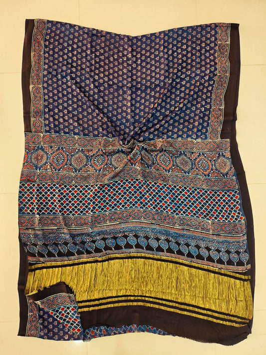 HAND BLOCK PRINTED MODAL SILK LAGDI PATTA  SAREE (CIG81)