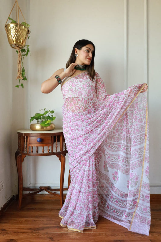 Hand Brush Painted Chiffon Saree with Blouse ( CIA49)