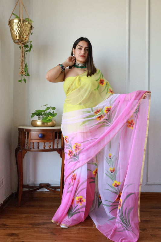Hand Brush Painted Chiffon Saree with Blouse ( CIA58)