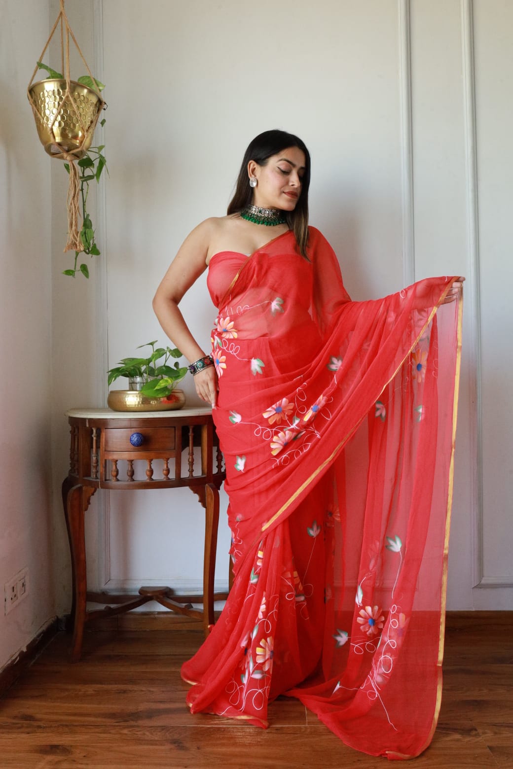 Hand Brush Painted Chiffon Saree with Blouse ( CIA 63)