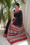 HAND BLOCK BLACK & WHITE PRINTED COTTON LINEN SAREE WITH BLOUSE  (LCS183)