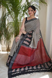 HAND BLOCK BLACK & WHITE PRINTED COTTON LINEN SAREE WITH BLOUSE  (LCS182)