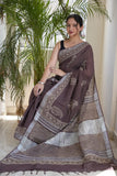 HAND BLOCK BLACK & WHITE PRINTED COTTON LINEN SAREE WITH BLOUSE  (LCS185)