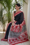 HAND BLOCK BLACK & WHITE PRINTED COTTON LINEN SAREE WITH BLOUSE  (LCS184)