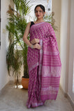 HAND BLOCK BLACK & WHITE PRINTED COTTON LINEN SAREE WITH BLOUSE  (LCS188)