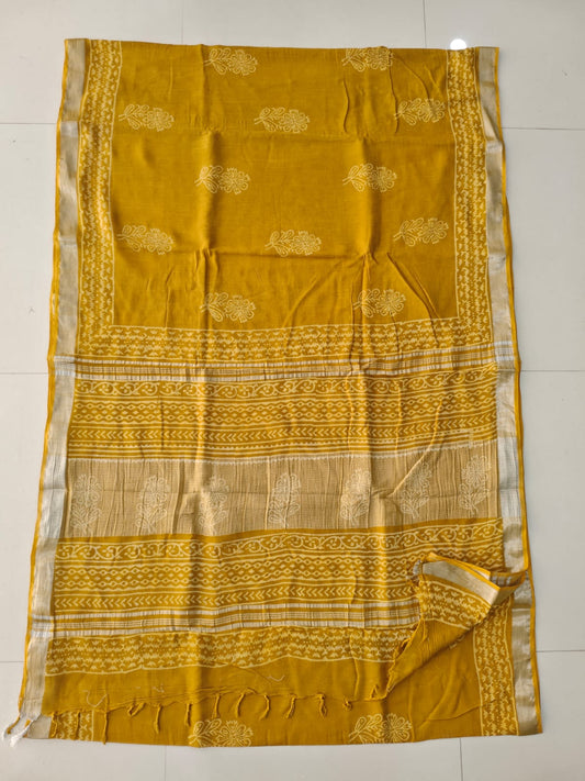HAND BLOCK BLACK & WHITE PRINTED COTTON LINEN SAREE WITH BLOUSE  (LCS191)
