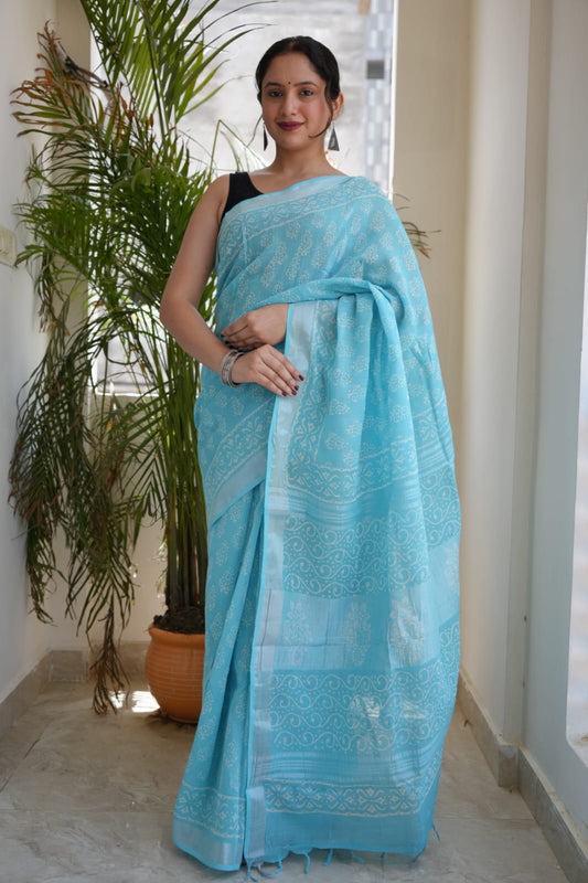 HAND BLOCK BLACK & WHITE PRINTED COTTON LINEN SAREE WITH BLOUSE  (LCS190)
