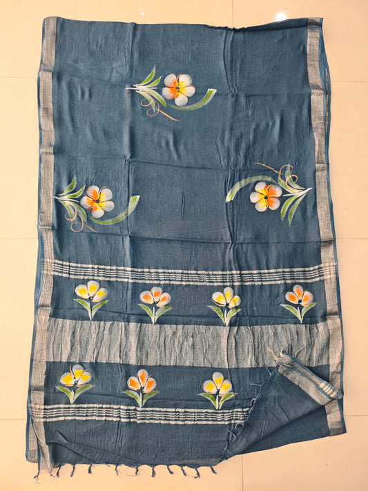 HAND BLOCK BLACK & WHITE PRINTED COTTON LINEN SAREE WITH BLOUSE  (LCS195)