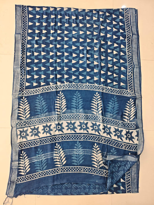 HAND BLOCK BLACK & WHITE PRINTED COTTON LINEN SAREE WITH BLOUSE  (LCS200)