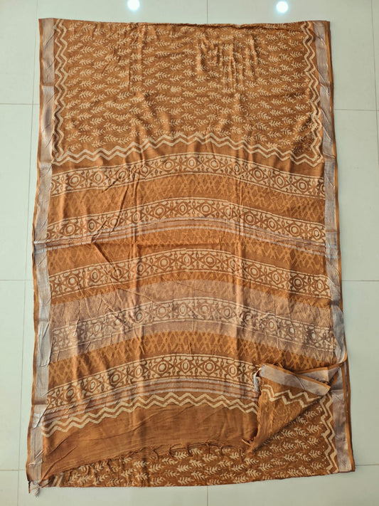 HAND BLOCK BLACK & WHITE PRINTED COTTON LINEN SAREE WITH BLOUSE  (LCS204)