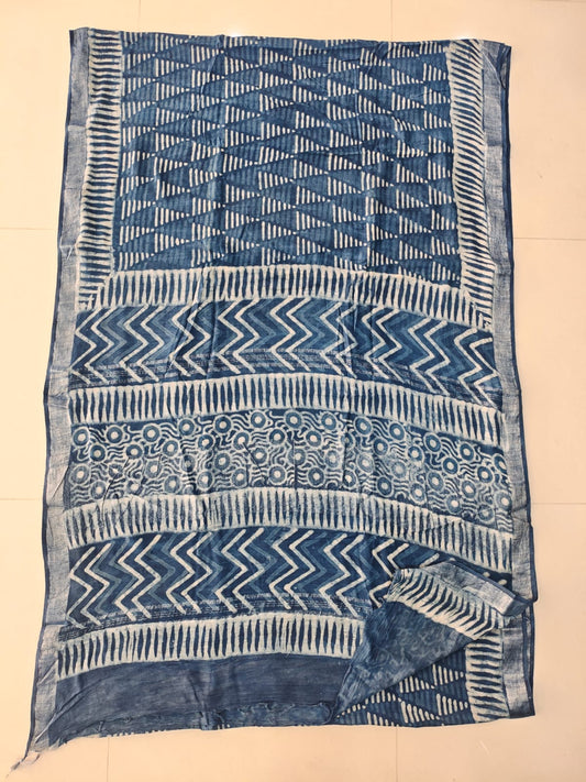 HAND BLOCK BLACK & WHITE PRINTED COTTON LINEN SAREE WITH BLOUSE  (LCS206)