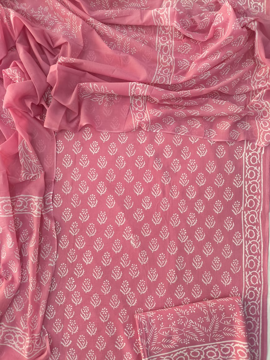 HAND BLOCK PRINTED COTTON 3-PIS SUIT WITH MULMUL DUPPATA (CMS123)