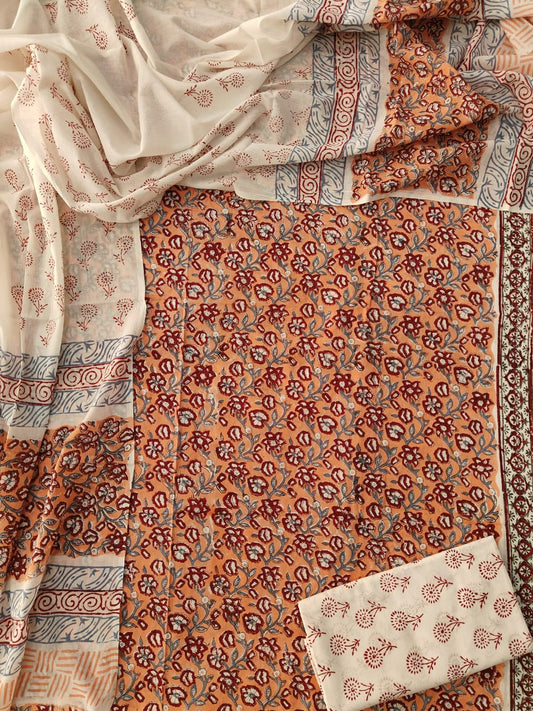 HAND BLOCK PRINTED COTTON 3-PIS SUIT WITH MULMUL DUPPATA (CMS127)
