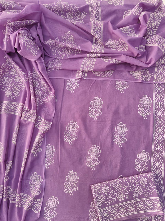HAND BLOCK PRINTED COTTON 3-PIS SUIT WITH MULMUL DUPPATA (CMS126)