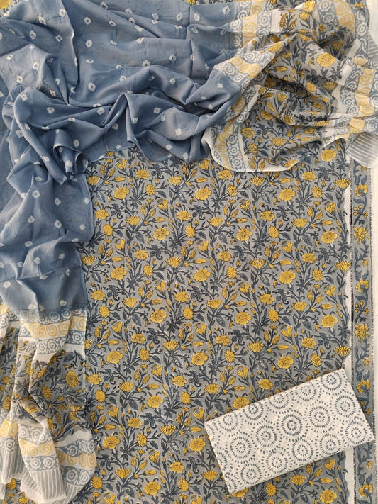 HAND BLOCK PRINTED COTTON 3-PIS SUIT WITH MULMUL DUPPATA (CMS131)