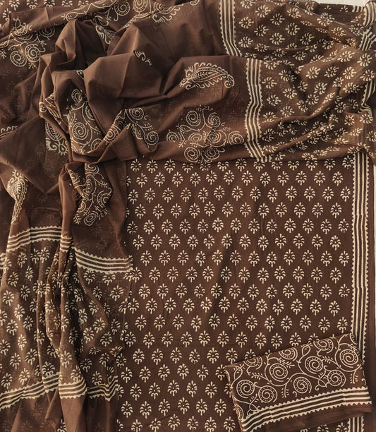 HAND BLOCK PRINTED COTTON 3-PIS SUIT WITH MULMUL DUPPATA (CMS132)