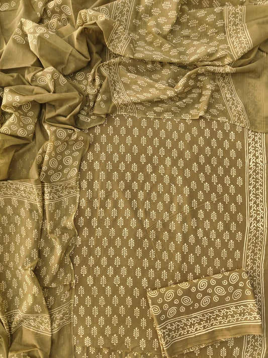 HAND BLOCK PRINTED COTTON 3-PIS SUIT WITH MULMUL DUPPATA (CMS134)