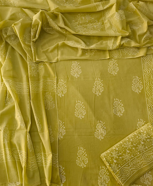 HAND BLOCK PRINTED COTTON 3-PIS SUIT WITH MULMUL DUPPATA (CMS139)