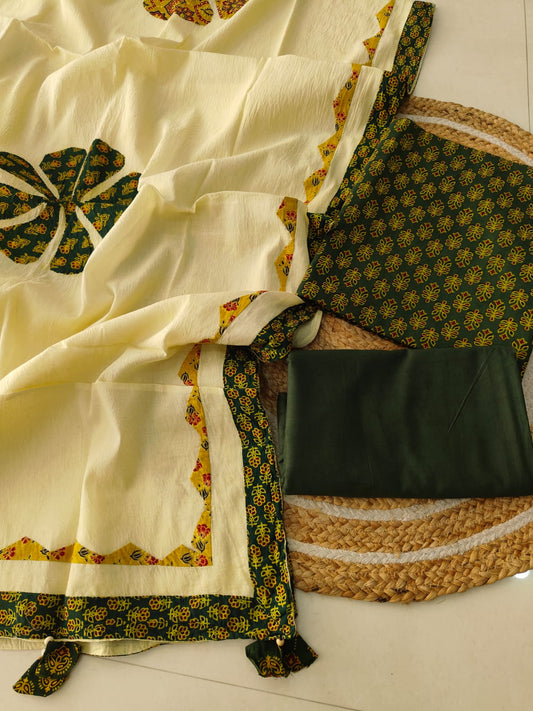 Ajarkh  Print Suit Pcs With Patch Work And Mirror Work Dupatta (ASC038)