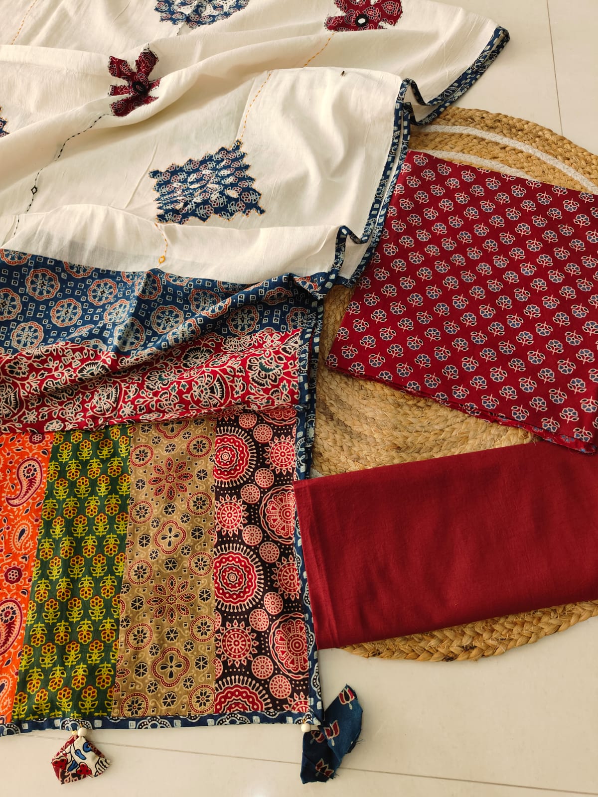 Ajarkh  Print Suit Pcs With Patch Work And Mirror Work Dupatta (ASC039)