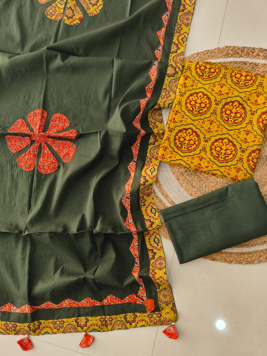 Ajarkh  Print Suit Pcs With Patch Work And Mirror Work Dupatta (ASC037)