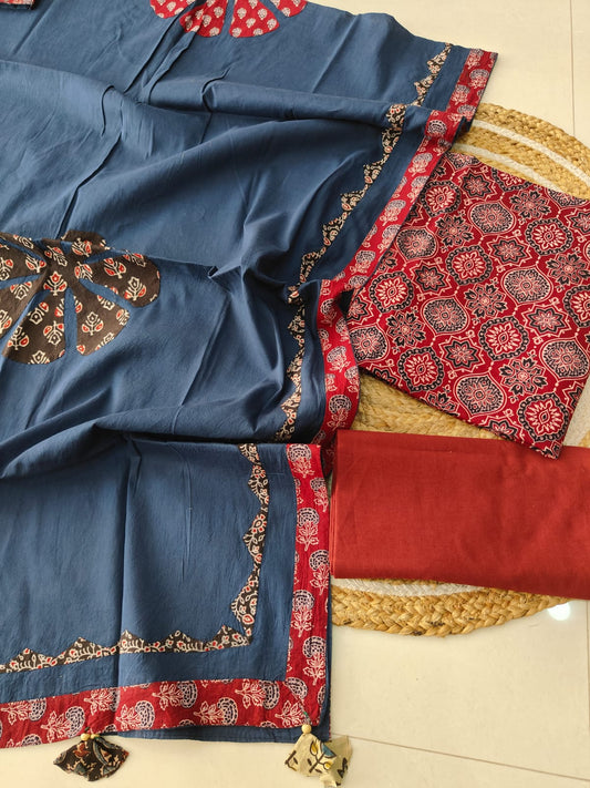 Ajarkh  Print Suit Pcs With Patch Work And Mirror Work Dupatta (ASC043)