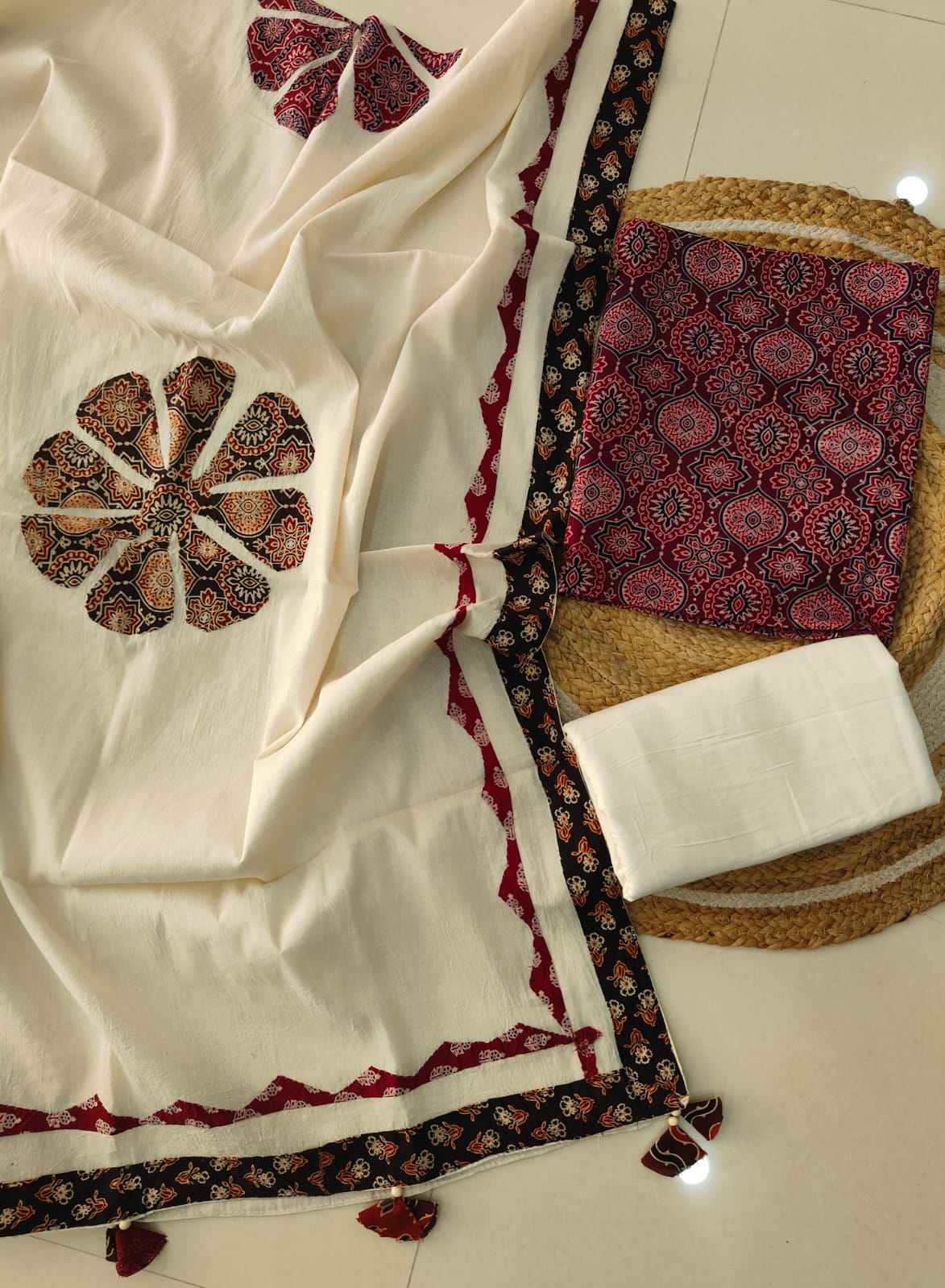 Ajarkh  Print Suit Pcs With Patch Work And Mirror Work Dupatta (ASC044)