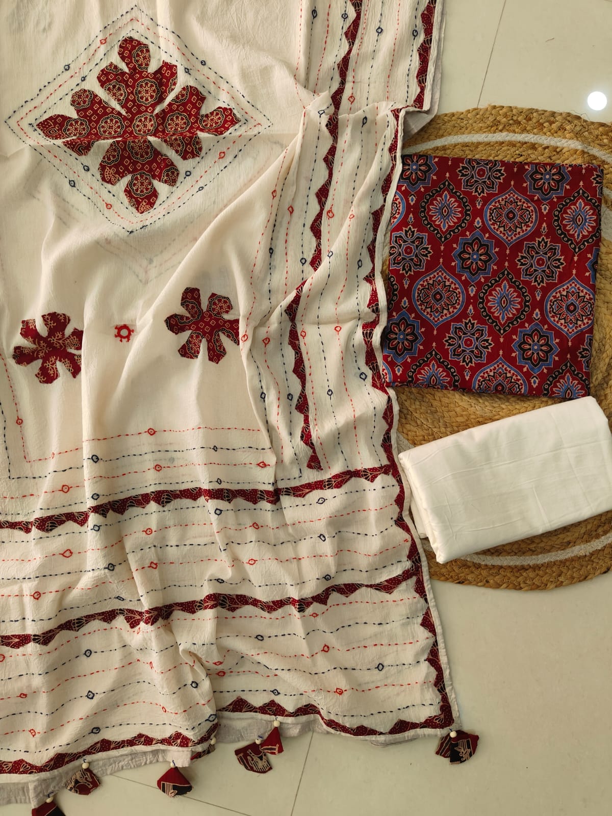 Ajarkh  Print Suit Pcs With Patch Work And Mirror Work Dupatta (ASC046)