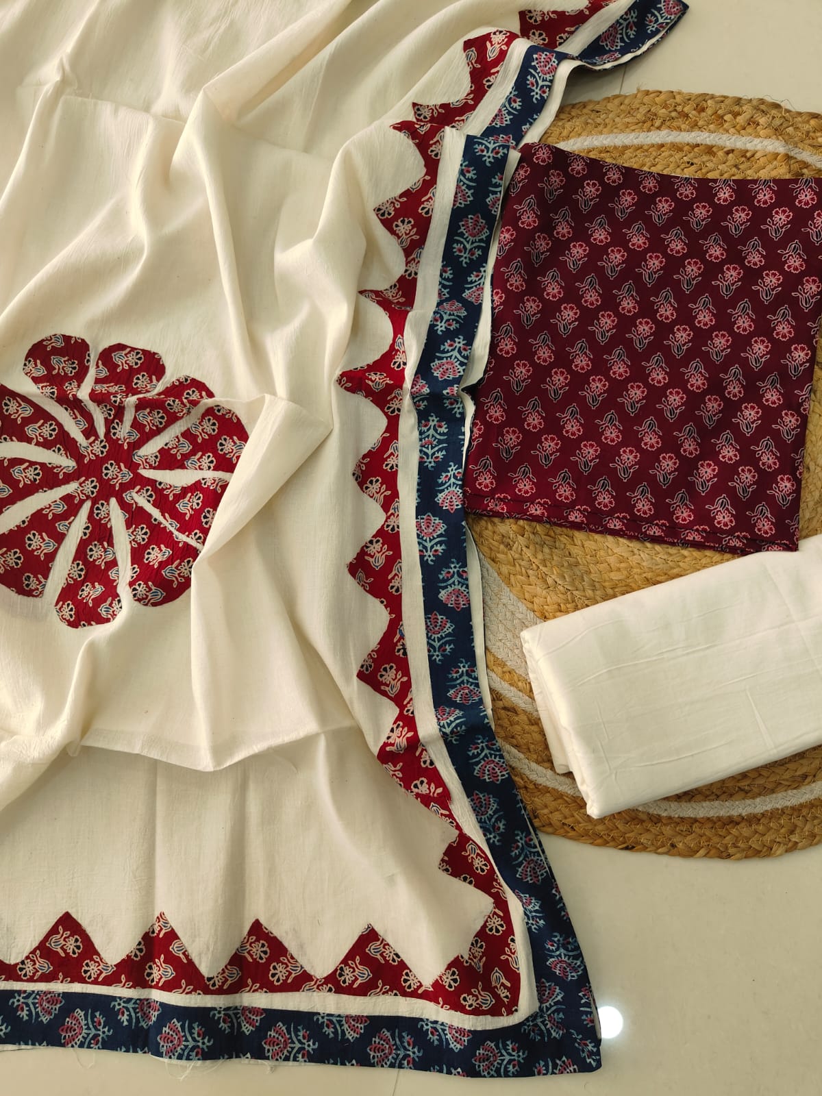Ajarkh  Print Suit Pcs With Patch Work And Mirror Work Dupatta (ASC047)