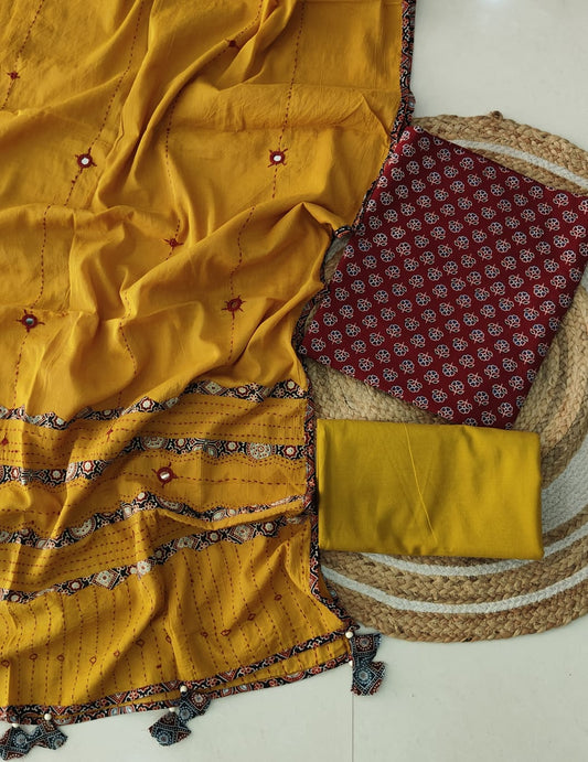Ajarkh  Print Suit Pcs With Patch Work And Mirror Work Dupatta (ASC050)