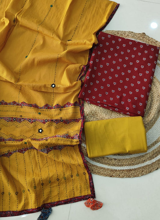 Ajarkh  Print Suit Pcs With Patch Work And Mirror Work Dupatta (ASC055)
