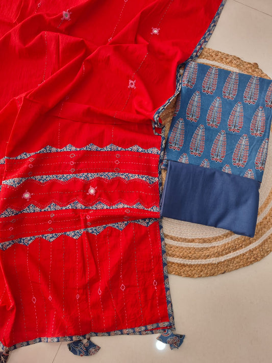 Ajarkh  Print Suit Pcs With Patch Work And Mirror Work Dupatta (ASC057)