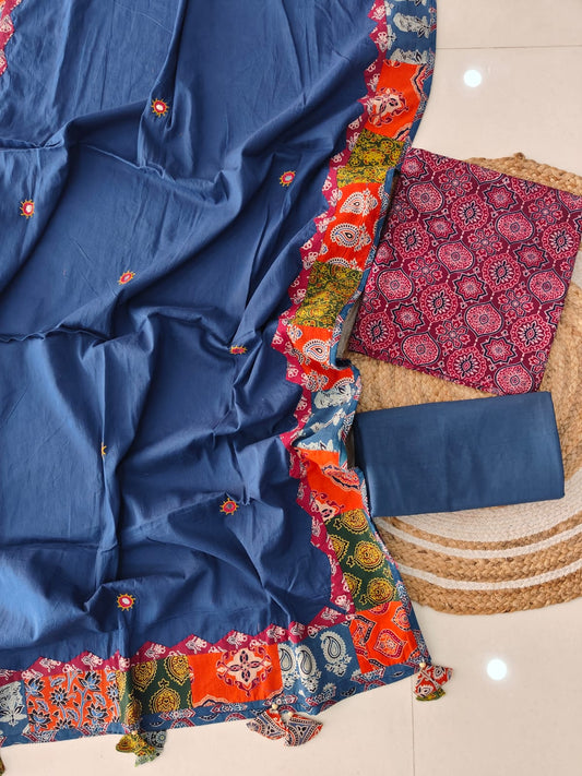Ajarkh  Print Suit Pcs With Patch Work And Mirror Work Dupatta (ASC054)