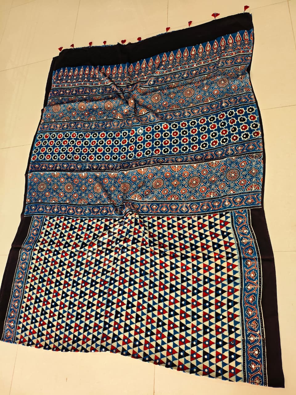 MIRROR WORK HAND BLOCK AJRAKH MODAL SILK SAREE WITH BLOUSE (CIV1)