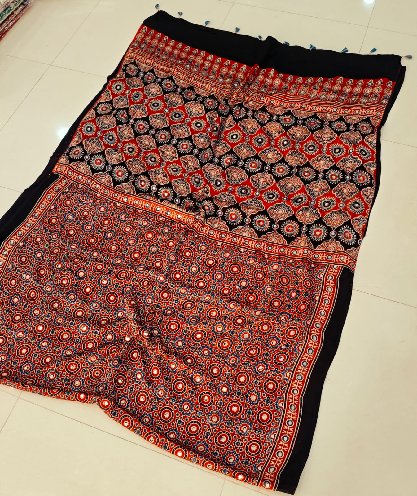 MIRROR WORK HAND BLOCK AJRAKH MODAL SILK SAREE WITH BLOUSE (CIV2)