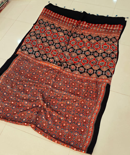 MIRROR WORK HAND BLOCK AJRAKH MODAL SILK SAREE WITH BLOUSE (CIV2)