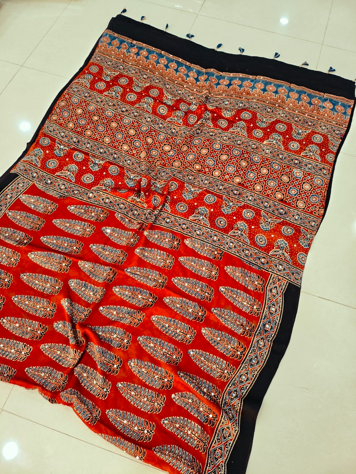 MIRROR WORK HAND BLOCK AJRAKH MODAL SILK SAREE WITH BLOUSE (CIV4)