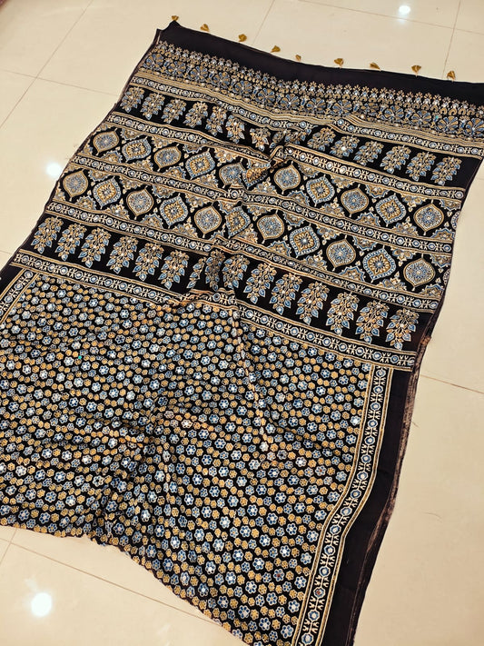 MIRROR WORK HAND BLOCK AJRAKH MODAL SILK SAREE WITH BLOUSE (CIV3)