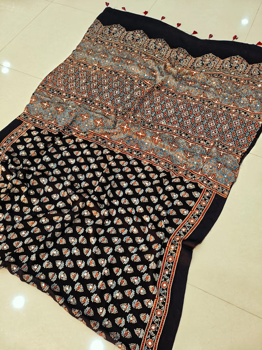 MIRROR WORK HAND BLOCK AJRAKH MODAL SILK SAREE WITH BLOUSE (CIV6)